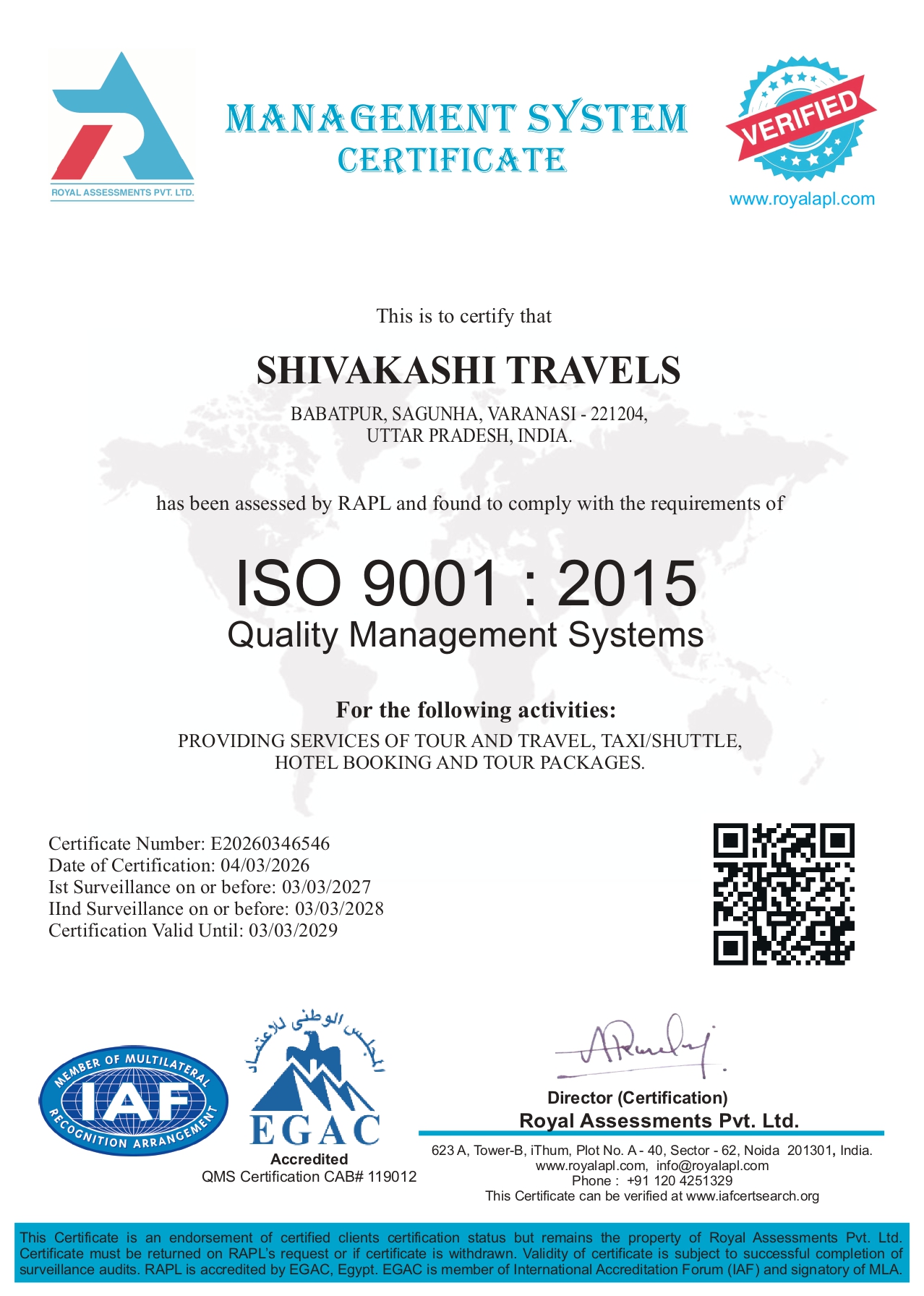 ISO Certificate Shivakashi Travels